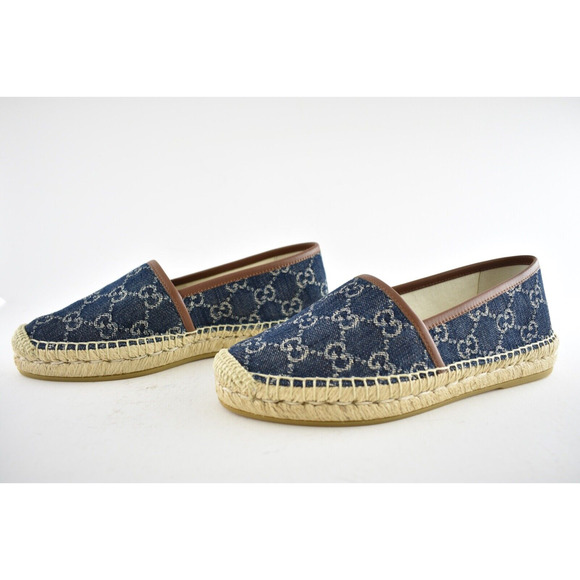 Gucci Jacquard Denim Blue Tea Brown Leather Ivory GG Logo Flat Espadrilles 36 - Picture 10 of 11